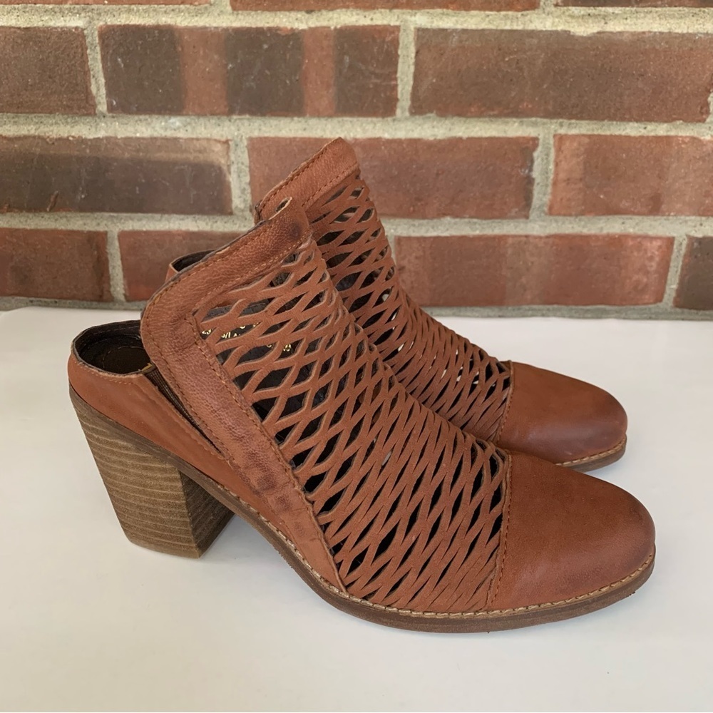 Diba Brown Woven Leather Open-Back Chunky Heel Mules
